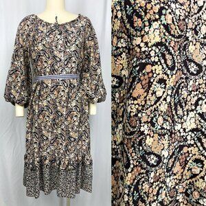 Vintage 70s calico paisley floral goth folk prairie tiered midi dress medium